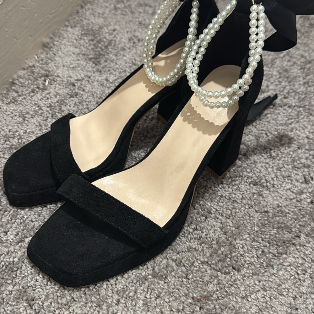 Elegant Black Women's Heels with Pearl Ankle Strap